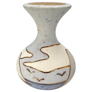 Canadian Art Pottery Hand Painted Bud Vase 22K Gold Etching Birds Clouds Ocean